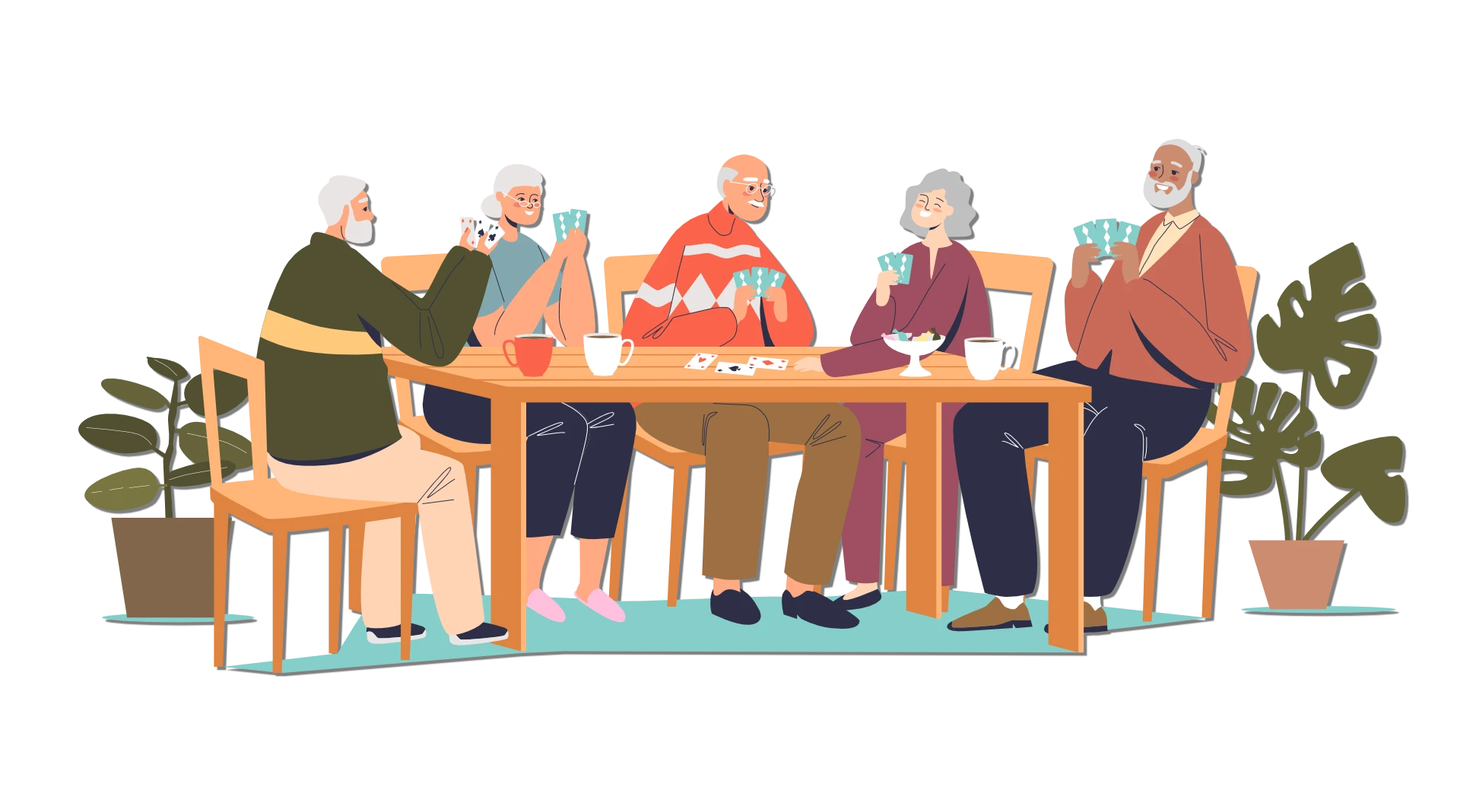 Menschen sitzen am Mitsch und spielen Karten in Kathis Begegnungscafe