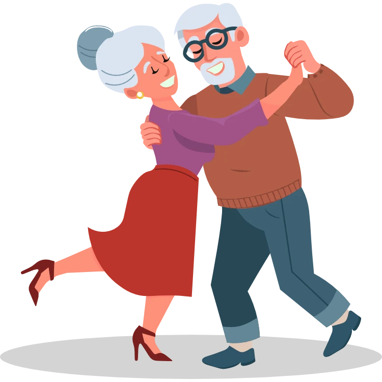 Ein illustriertes Seniorenpaar tanzt miteinander bei der Tanzveranstaltung von Kathis Pflegeteam